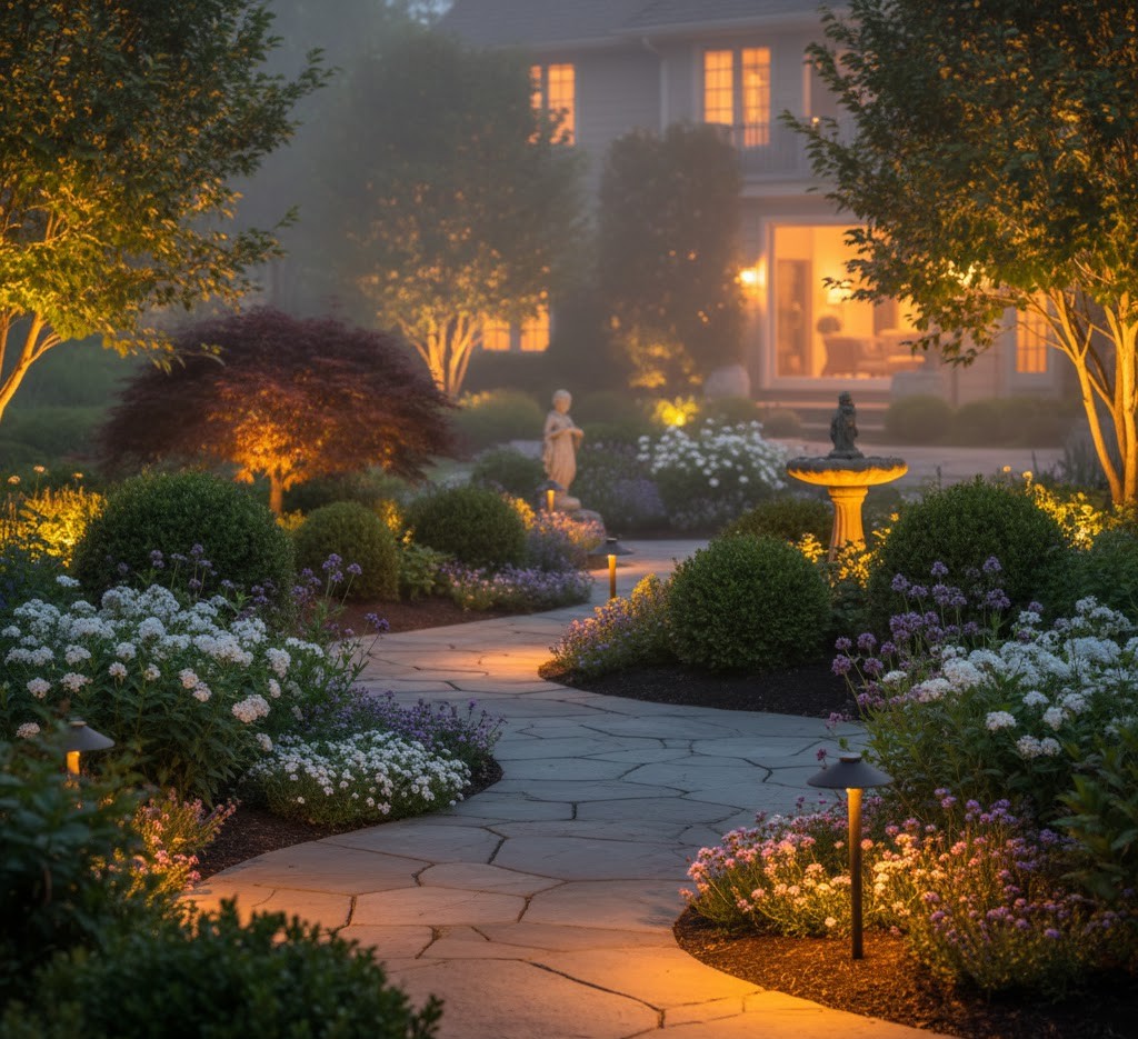Residential garden with warm lighting