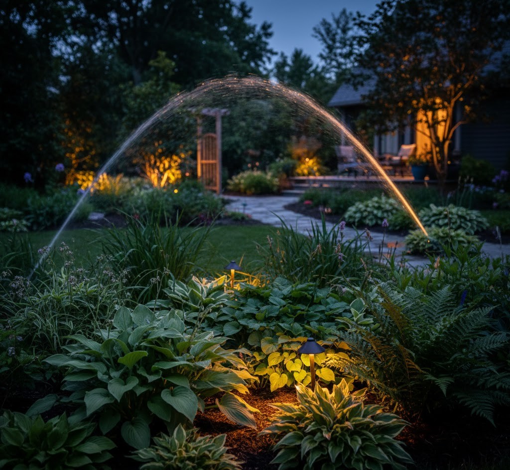 Garden at dusk with lighting