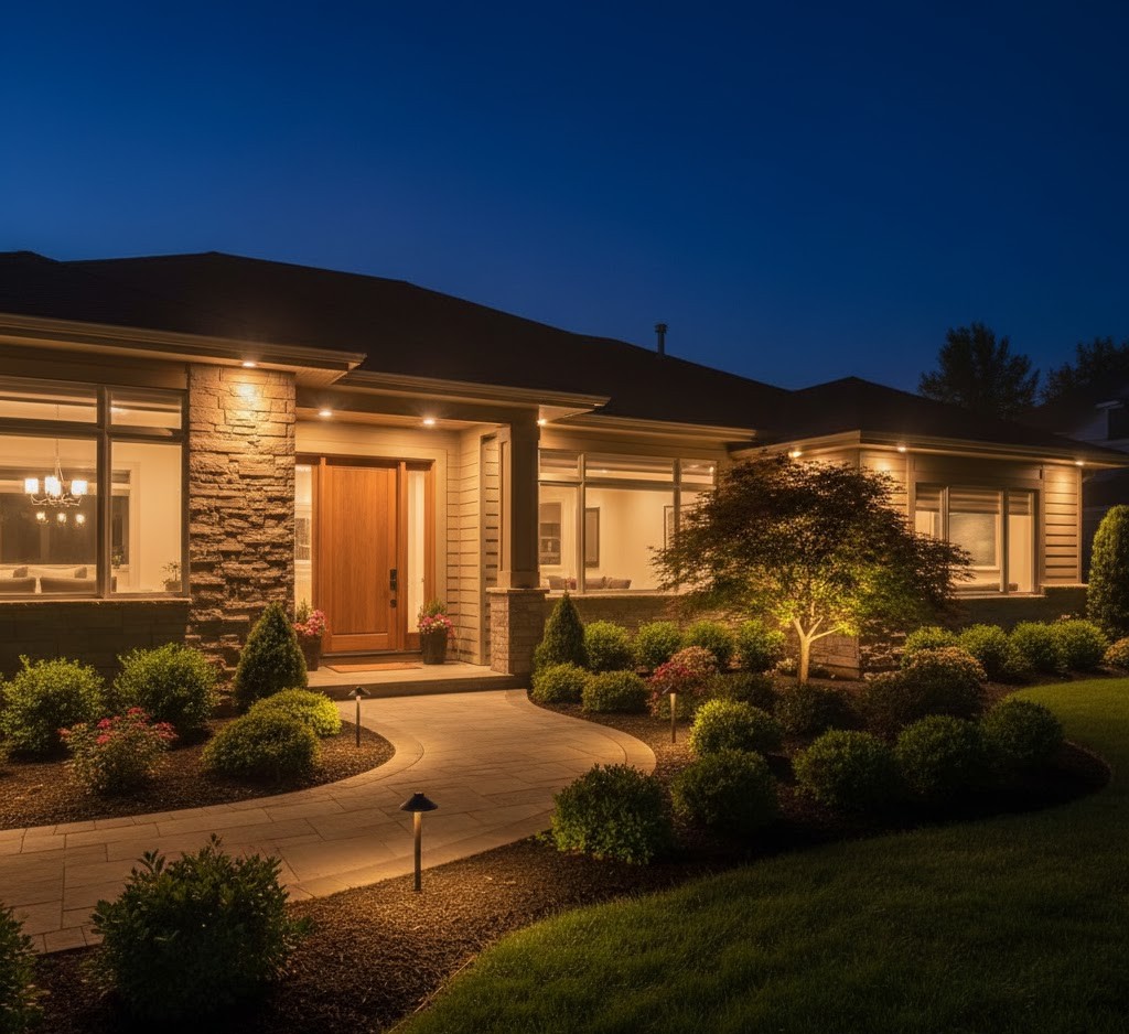Modern home with landscape lighting